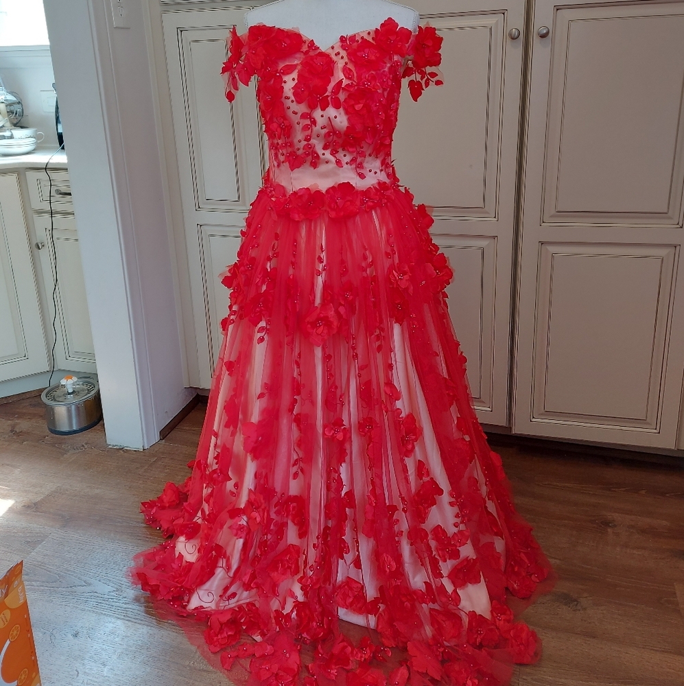 Red floral quinceanera dress